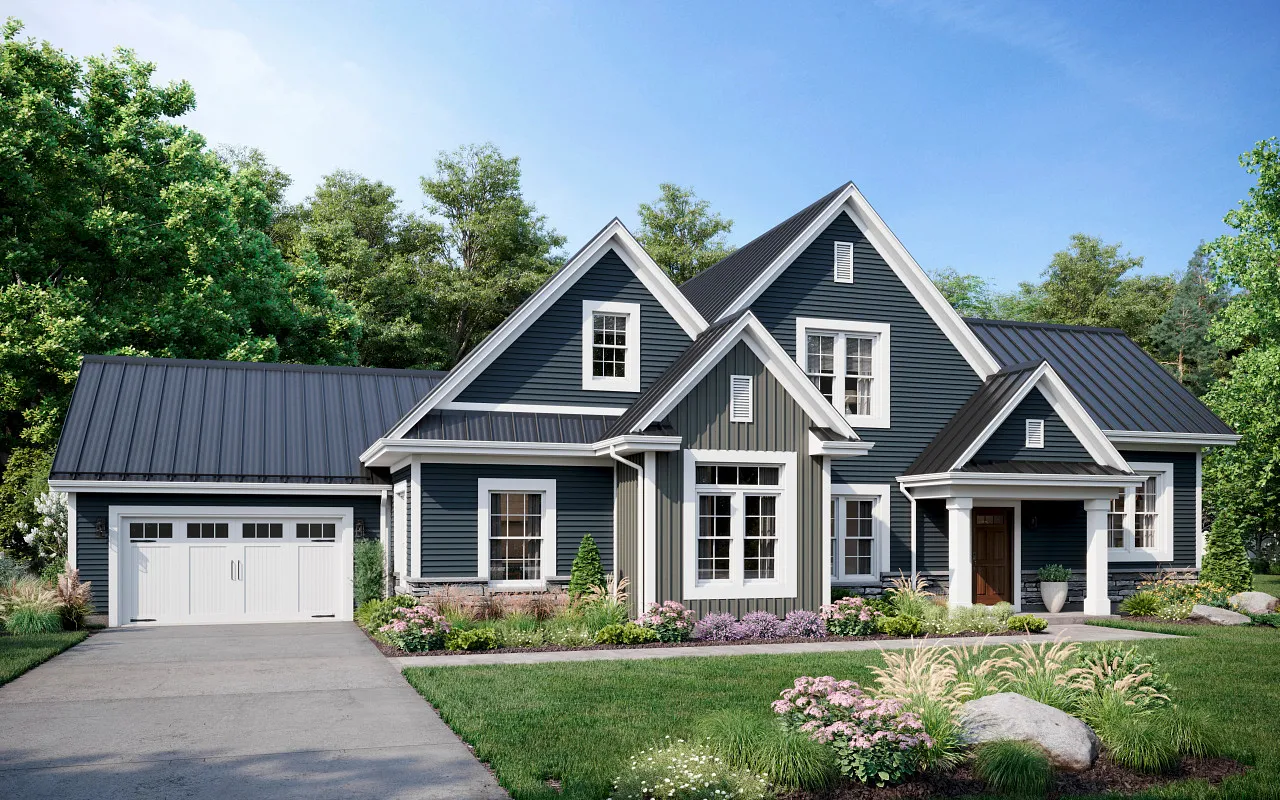Modern blue-gray house with white trim, a two-car garage, and landscaped front yard under a clear blue sky.